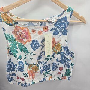 Rachel Zoe White Floral Linen Rayon Blend Keyhole Back Crop Top Size Small